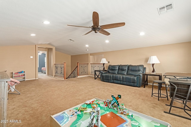 291 E Canyon Rock Rd, San Tan Valley, AZ 85143 - recreation room featuring vaulted ceiling, visible vents, recessed lighting, a ceiling fan, and carpet floors