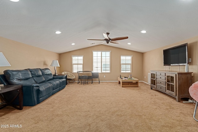 291 E Canyon Rock Rd, San Tan Valley, AZ 85143 - living area with light colored carpet, lofted ceiling, a ceiling fan, and visible vents