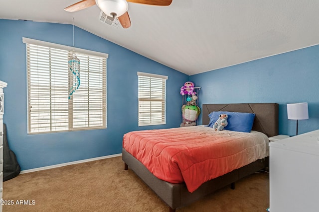 291 E Canyon Rock Rd, San Tan Valley, AZ 85143 - carpeted bedroom featuring lofted ceiling, a ceiling fan, visible vents, and baseboards