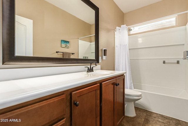 291 E Canyon Rock Rd, San Tan Valley, AZ 85143 - full bathroom with vanity, tile patterned flooring, shower / bathtub combination with curtain, and toilet