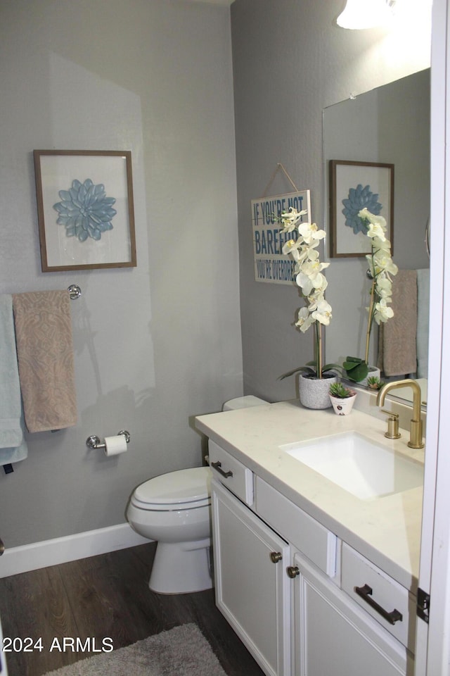 bathroom with vanity, hardwood / wood-style flooring, and toilet