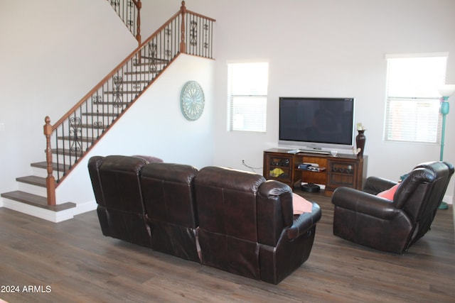 living room featuring dark hardwood / wood-style flooring and a towering ceiling