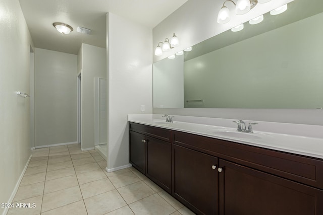 bathroom featuring walk in shower, vanity, and tile patterned flooring