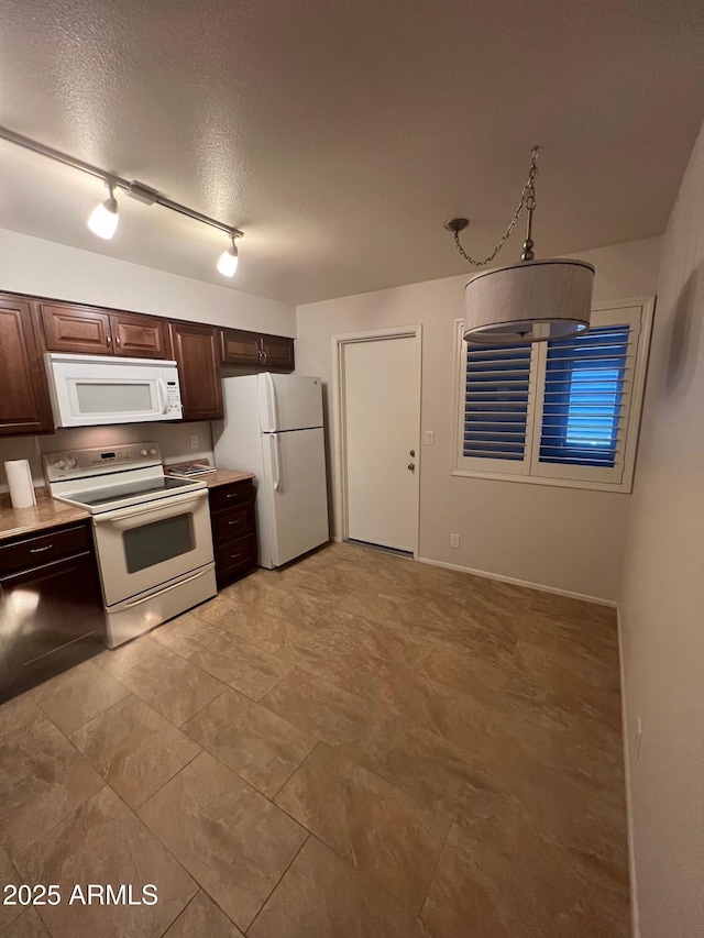 440 S Parkcrest Unit 22, Mesa, AZ 85206 - kitchen with white appliances, dark brown cabinets, track lighting, and a textured ceiling
