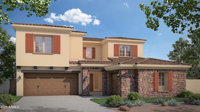2110 W Rowel Rd, Phoenix, AZ 85085 - view of front facade featuring a garage, concrete driveway, stucco siding, stone siding, and a tiled roof