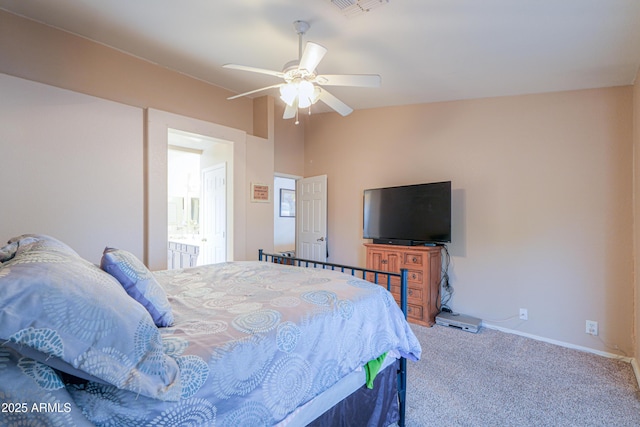 bedroom featuring ceiling fan, carpet floors, visible vents, baseboards, and vaulted ceiling