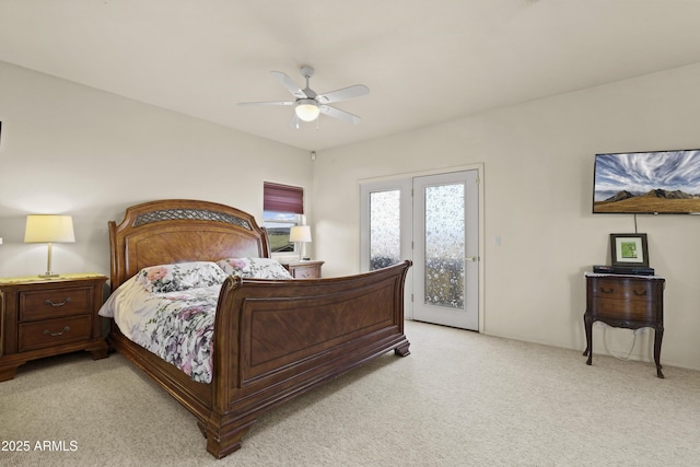 carpeted bedroom featuring ceiling fan and access to exterior