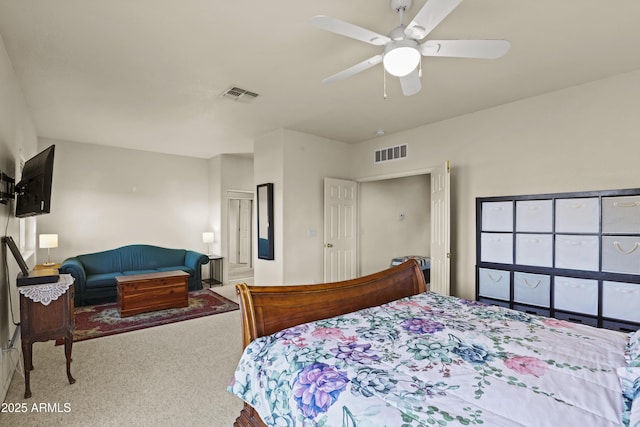 bedroom featuring ceiling fan and carpet floors