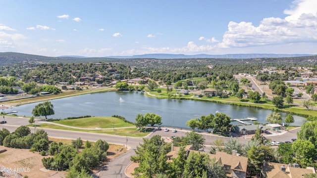 drone / aerial view featuring a water and mountain view