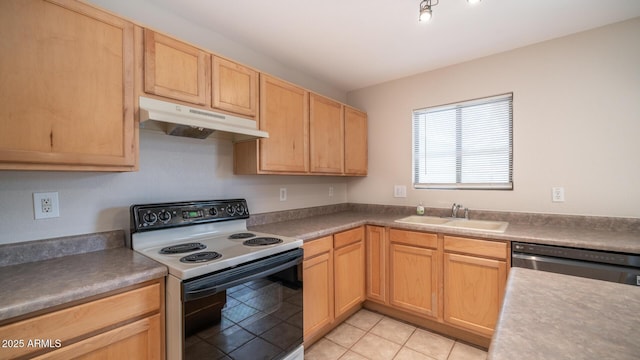 kitchen with dishwasher, sink, light tile patterned floors, light brown cabinetry, and electric range oven