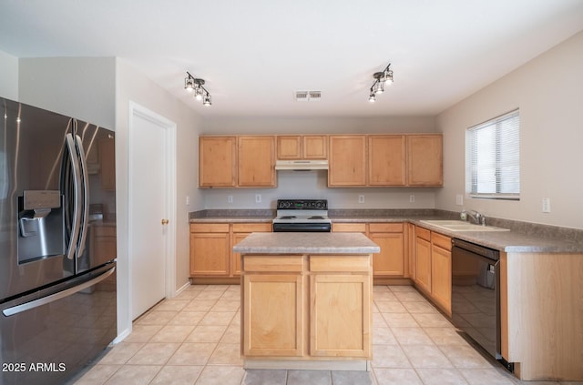 kitchen featuring stainless steel refrigerator with ice dispenser, sink, light brown cabinets, dishwasher, and range with electric stovetop