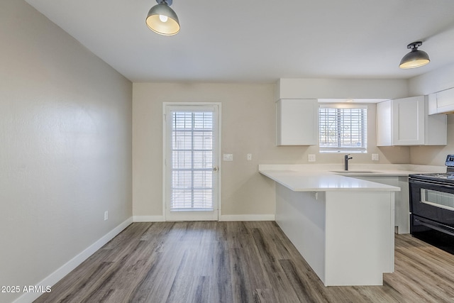 kitchen featuring kitchen peninsula, hardwood / wood-style flooring, electric range, white cabinetry, and sink