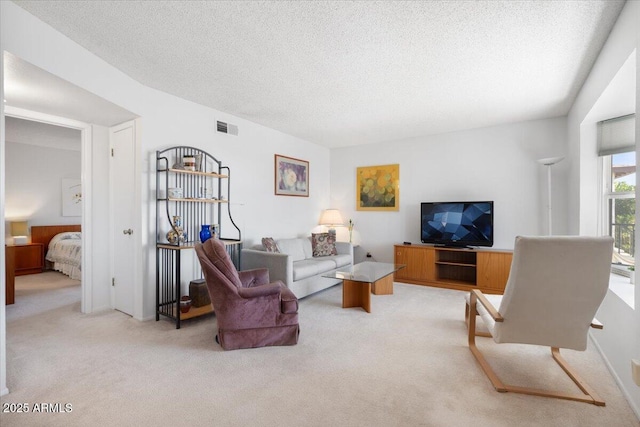 carpeted living room featuring a textured ceiling