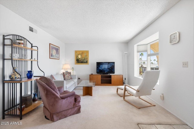 carpeted living room with a textured ceiling