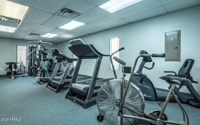 workout area featuring a paneled ceiling and electric panel