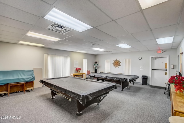 recreation room with carpet, a paneled ceiling, and billiards