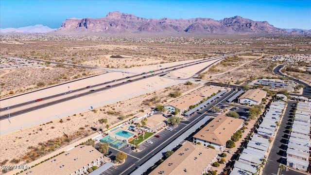 drone / aerial view featuring a mountain view