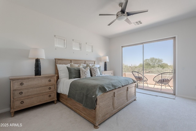 bedroom featuring access to outside, light colored carpet, baseboards, and ceiling fan
