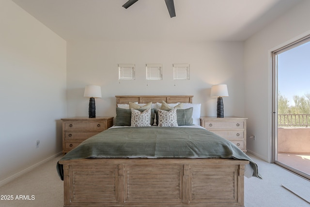 bedroom featuring light carpet, access to exterior, and baseboards