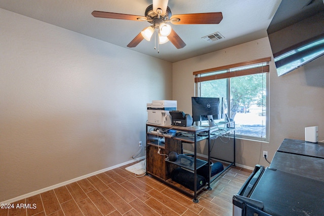 office area featuring hardwood / wood-style floors and ceiling fan