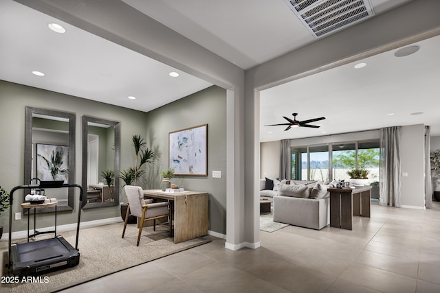 tiled home office with a ceiling fan, baseboards, and recessed lighting