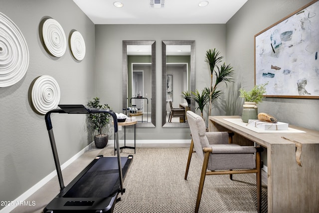 home office with recessed lighting, baseboards, and light colored carpet