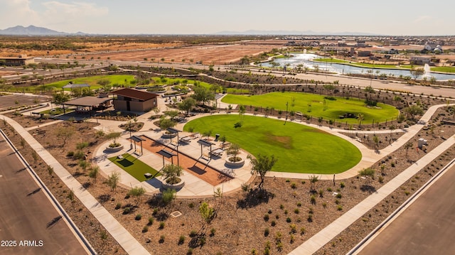 bird's eye view of a water and mountain view and a local golf course