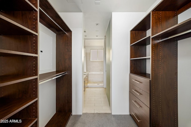 walk in closet with tile patterned floors and carpet floors