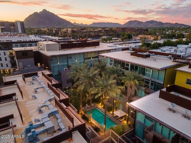 aerial view at dusk with a mountain view