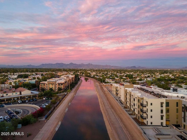 aerial view at dusk with a mountain view