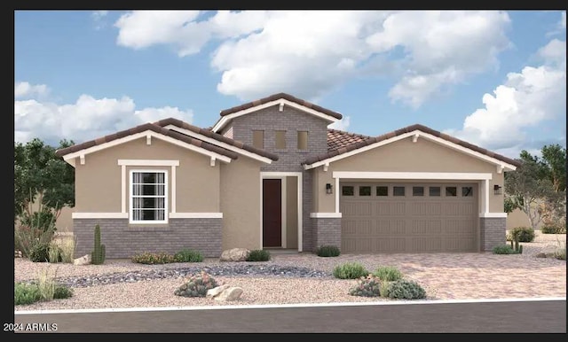 craftsman house featuring driveway, an attached garage, a tiled roof, and brick siding