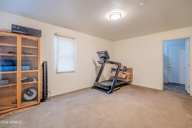 exercise room with a textured ceiling and carpet flooring