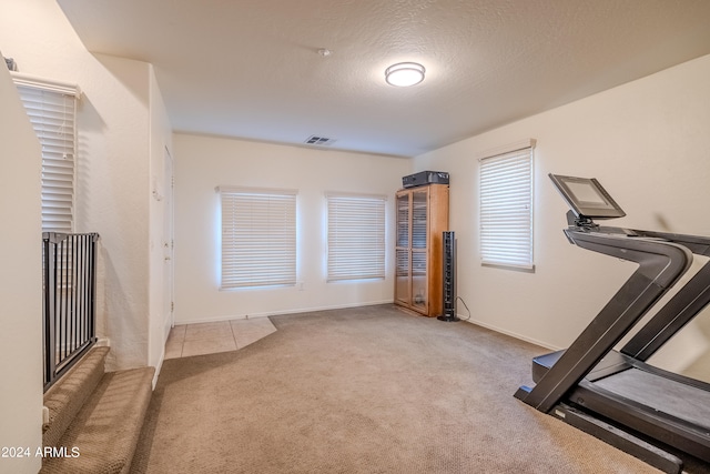 exercise area with light colored carpet and a textured ceiling