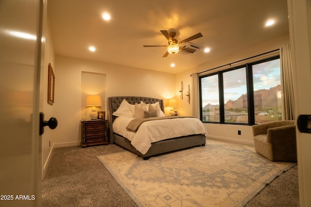 bedroom featuring recessed lighting, carpet, baseboards, and ceiling fan