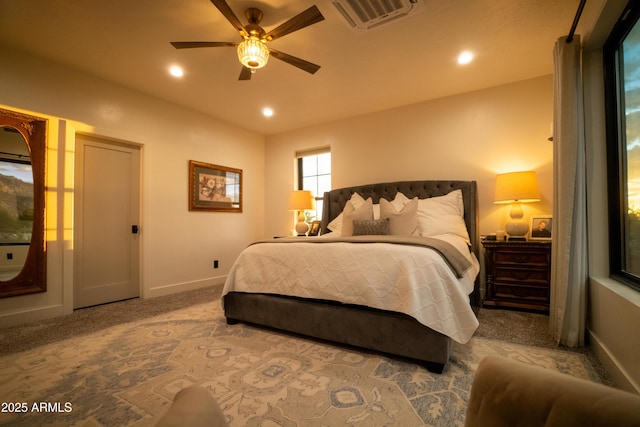 bedroom featuring visible vents, a ceiling fan, recessed lighting, carpet, and baseboards