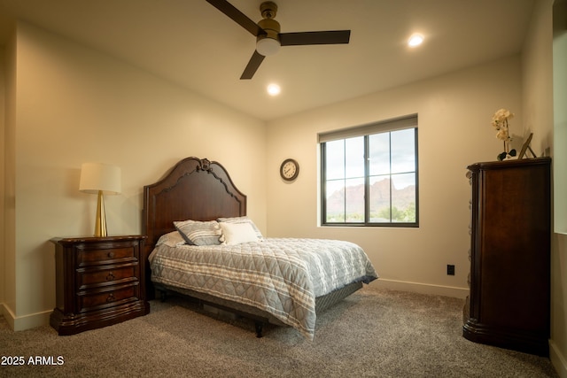 carpeted bedroom featuring a ceiling fan, recessed lighting, and baseboards