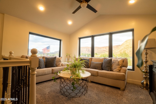 living room with recessed lighting, a mountain view, carpet floors, lofted ceiling, and ceiling fan