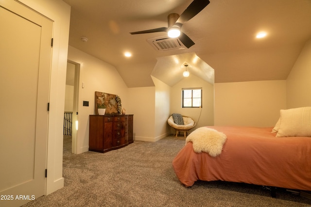 carpeted bedroom featuring baseboards, visible vents, a ceiling fan, and lofted ceiling