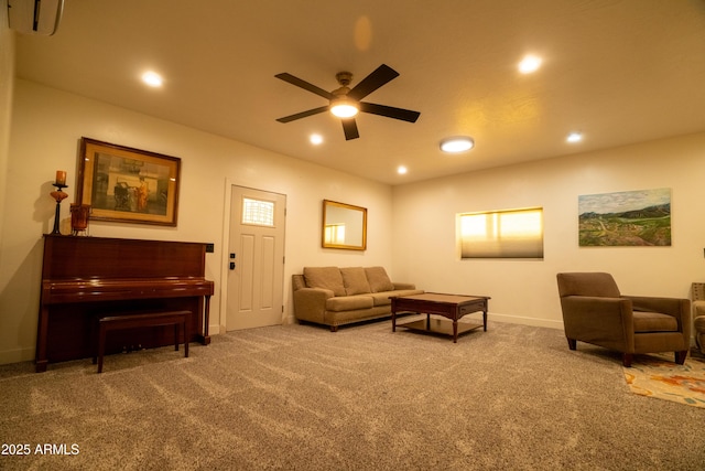 living area featuring carpet flooring, recessed lighting, baseboards, and ceiling fan