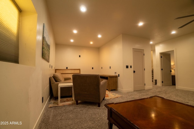 interior space with recessed lighting, baseboards, carpet floors, and ceiling fan