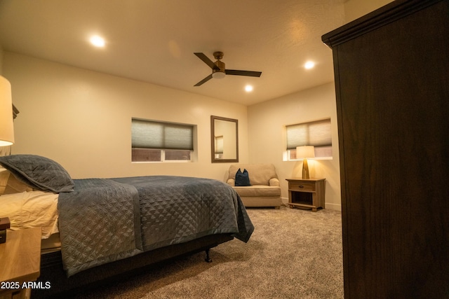 bedroom featuring recessed lighting, a ceiling fan, and carpet floors