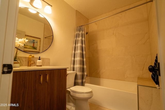 full bath with tile patterned floors, toilet, shower / tub combo with curtain, and vanity