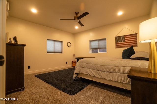 carpeted bedroom featuring recessed lighting, baseboards, and ceiling fan