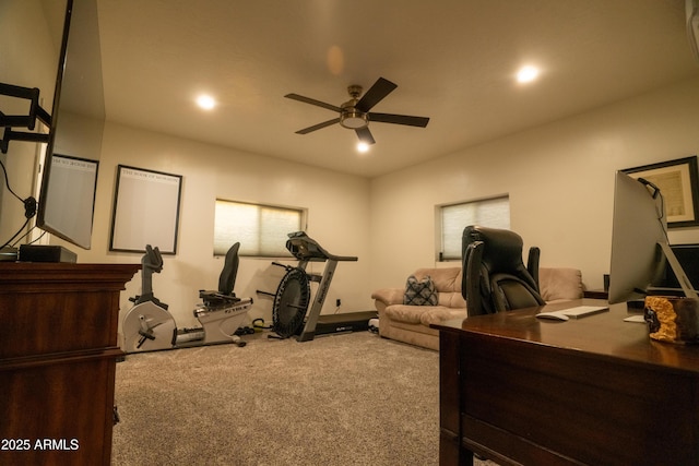 exercise room with recessed lighting, carpet floors, and a ceiling fan