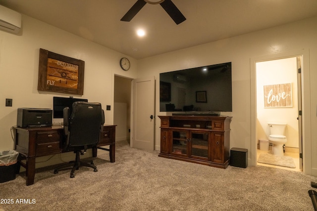 carpeted home office with a wall mounted air conditioner and a ceiling fan