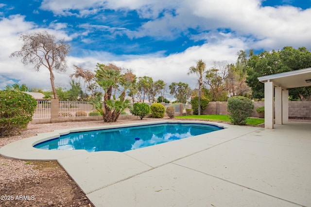 view of pool with a patio area, a fenced backyard, and a fenced in pool