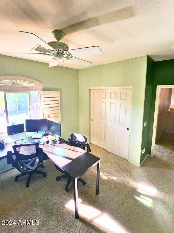 office with carpet, ceiling fan, and a textured ceiling