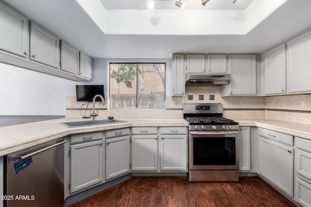 kitchen featuring under cabinet range hood, decorative backsplash, stainless steel appliances, a raised ceiling, and a sink