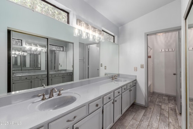 bathroom featuring double vanity, wood finish floors, and a sink