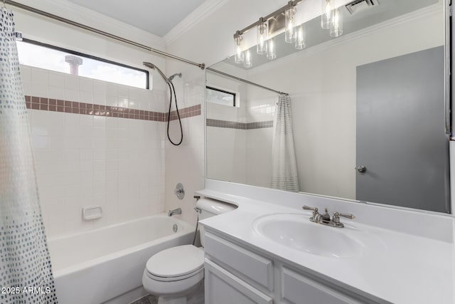 full bath featuring visible vents, shower / bath combo with shower curtain, toilet, crown molding, and vanity